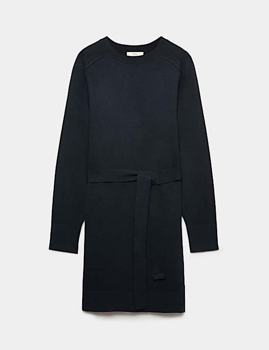Air-Yarn Crew Neck Waisted Mini Knitted Dress
