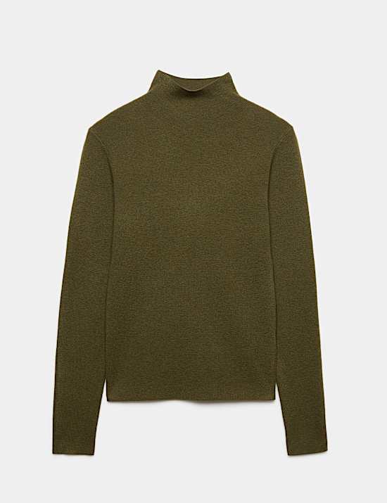 Funnel Neck Fitted Knitted Top With Wool