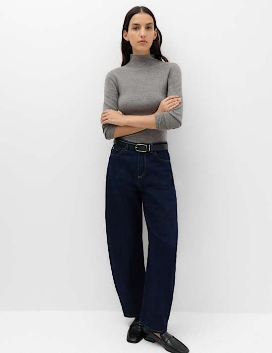 Funnel Neck Fitted Knitted Top With Wool