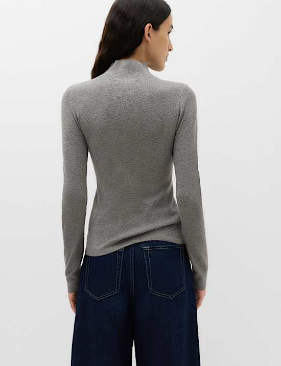Funnel Neck Fitted Knitted Top With Wool