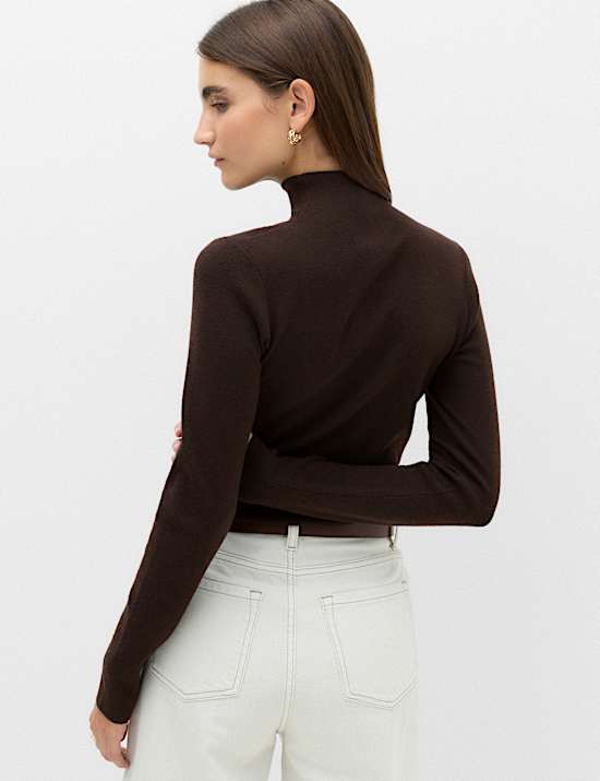 Funnel Neck Fitted Knitted Top With Wool