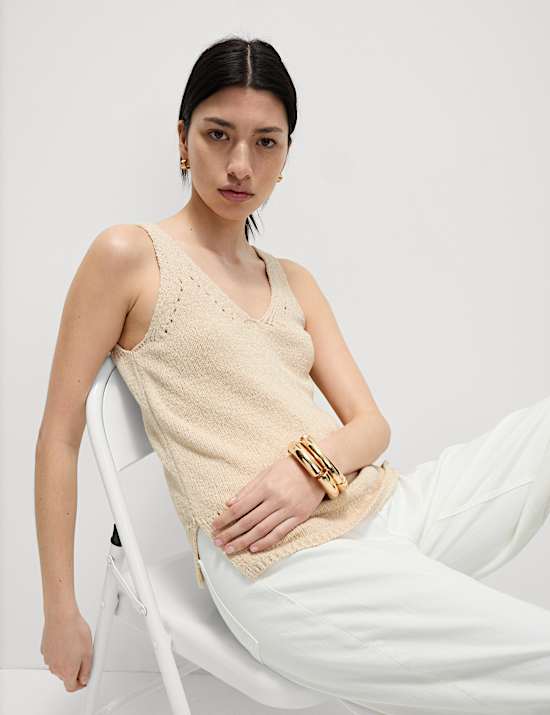 Cotton Blend Textured V-Neck Knitted Vest