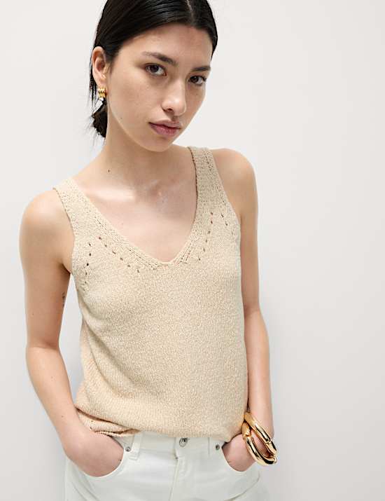 Cotton Blend Textured V-Neck Knitted Vest