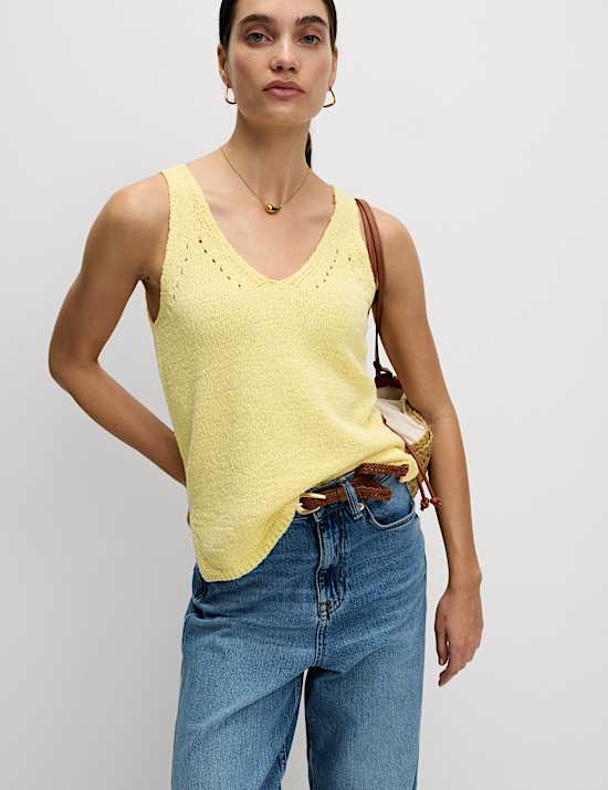 D&eacute;bardeur en maille de coton m&eacute;lang&eacute; &agrave; col V et motif textur&eacute;