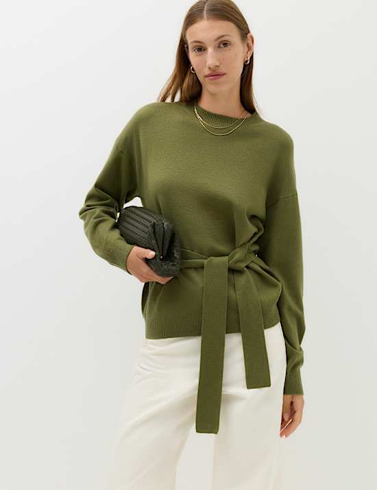 Tie Front Crew Neck Relaxed Jumper