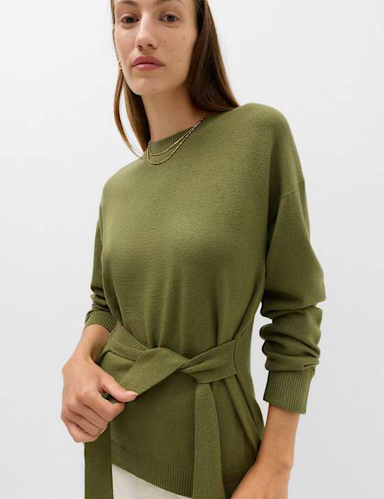 Tie Front Crew Neck Relaxed Jumper