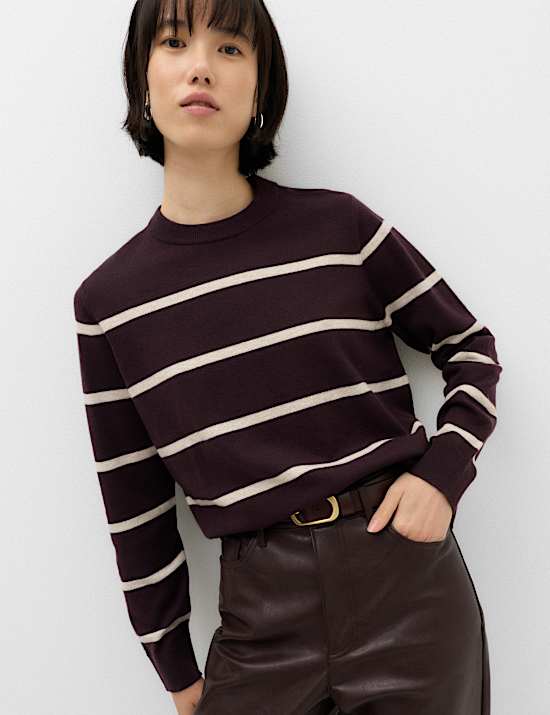 Pull en maille l&eacute;g&egrave;re &agrave; rayures et col rond