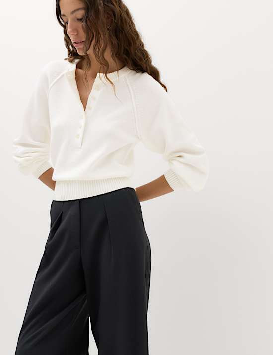 Crew Neck Button Detail Jumper with Wool