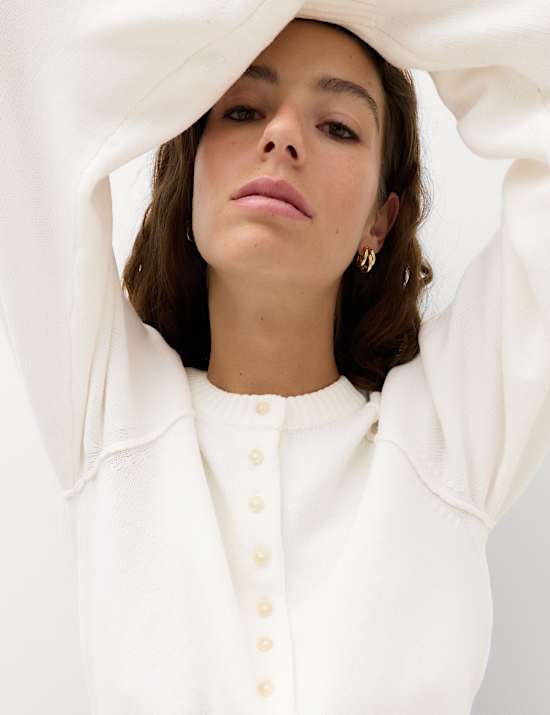 Crew Neck Button Detail Jumper with Wool