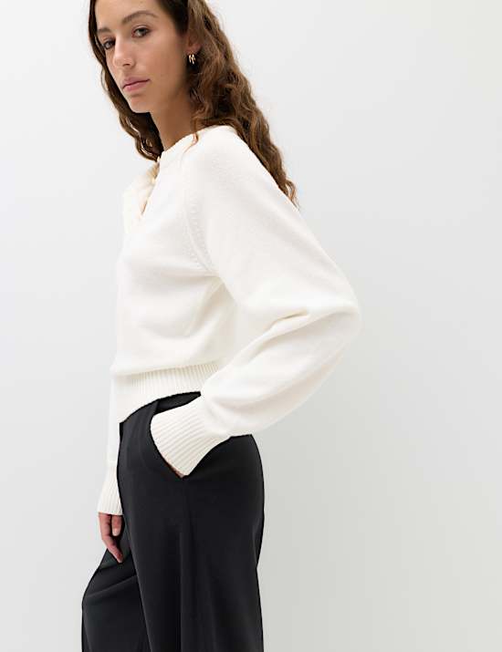 Crew Neck Button Detail Jumper with Wool
