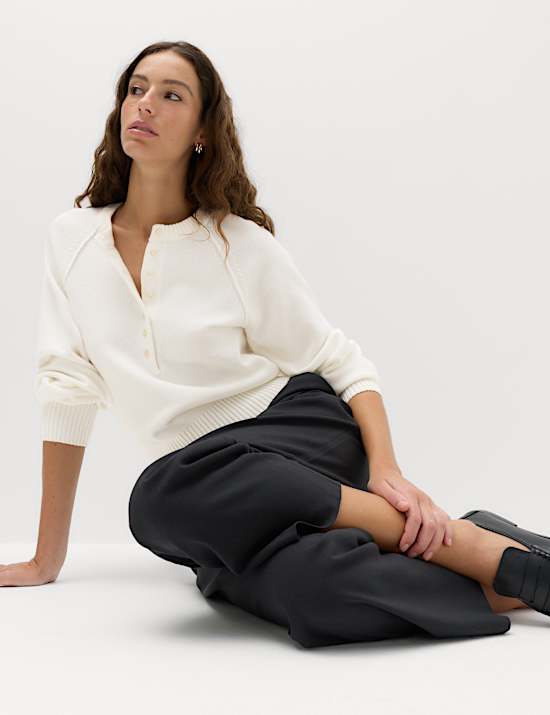 Crew Neck Button Detail Jumper with Wool