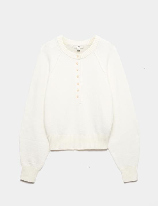 Crew Neck Button Detail Jumper with Wool
