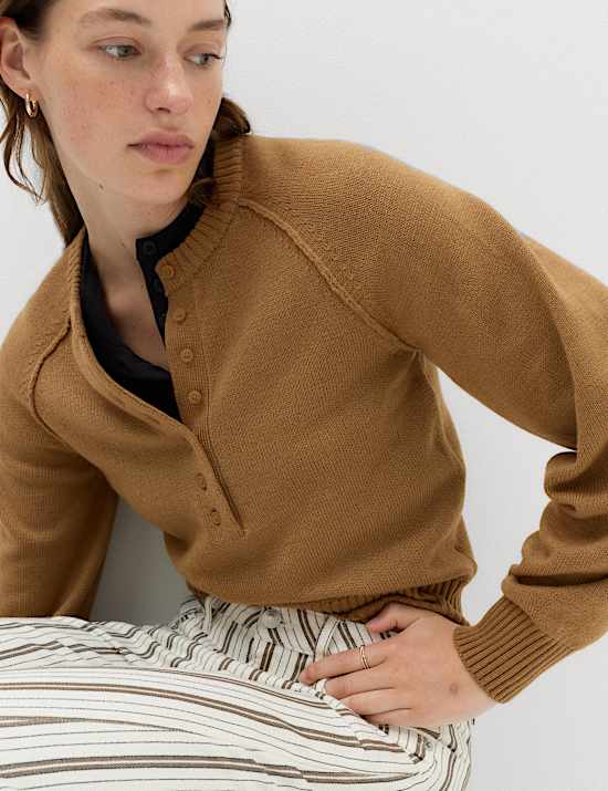 Crew Neck Button Detail Jumper with Wool