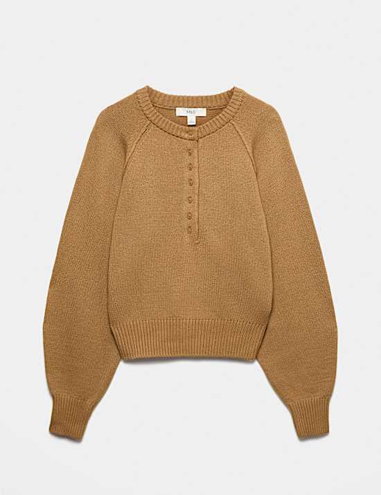 Crew Neck Button Detail Jumper with Wool
