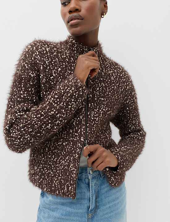 Cotton Blend Boucle Funnel Neck Knitted Jacket