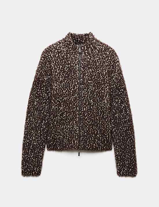 Cotton Blend Boucle Funnel Neck Knitted Jacket