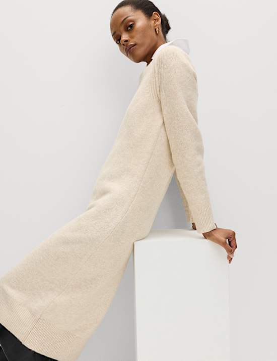 Crew Neck Knitted Dress with Wool