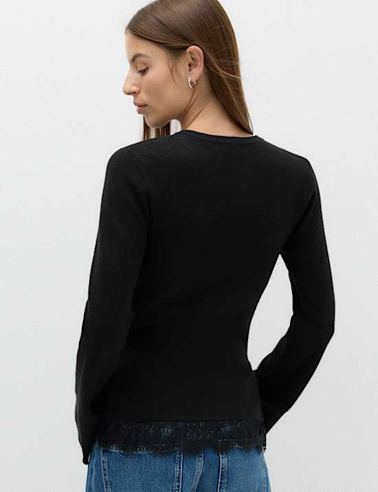 Air-Yarn Lace Hem Slim Fit Jumper