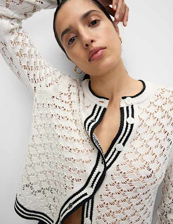 Kardigan Pointelle s výstřihem ke krku a špičatými knoflíky vpředu