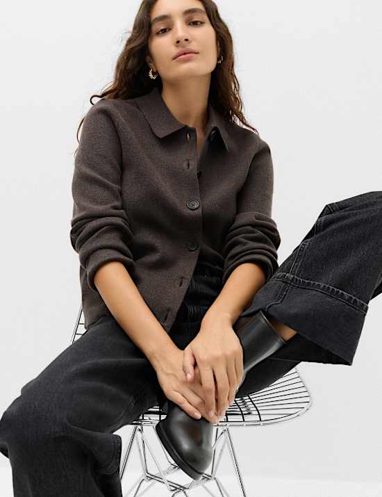 Air-Yarn Collared Faux Fur Trim Knitted Jacket