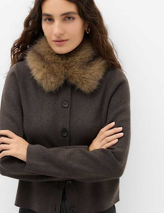 Air-Yarn Collared Faux Fur Trim Knitted Jacket