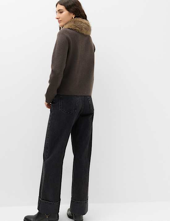 Air-Yarn Collared Faux Fur Trim Knitted Jacket