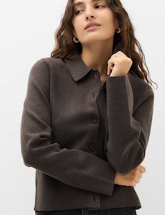 Air-Yarn Collared Faux Fur Trim Knitted Jacket