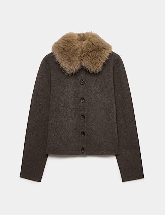 Air-Yarn Collared Faux Fur Trim Knitted Jacket