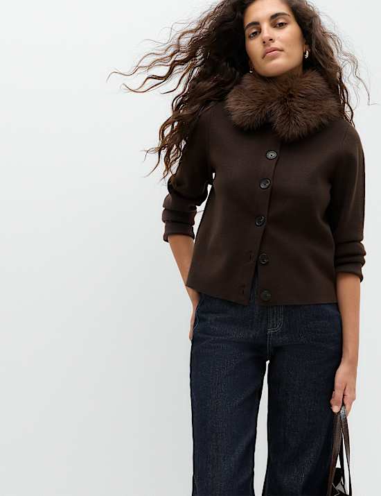 Air-Yarn Collared Faux Fur Trim Knitted Jacket