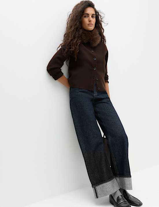 Air-Yarn Collared Faux Fur Trim Knitted Jacket