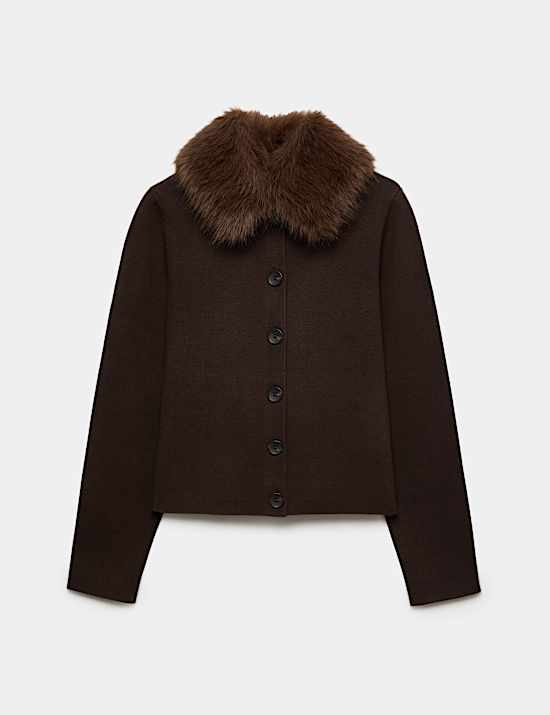 Air-Yarn Collared Faux Fur Trim Knitted Jacket
