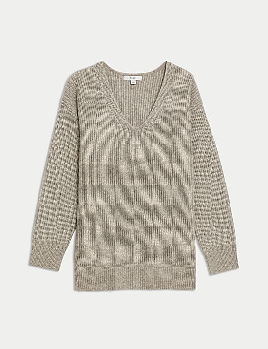 Cloud-Yarn Ribbed V-Neck Split Hem Jumper