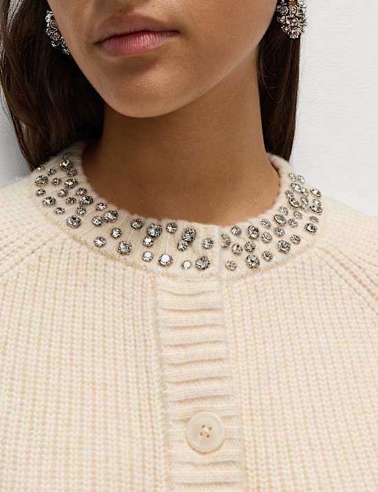 Textured Embellished Button Front Cardigan