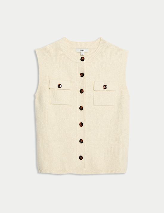 Cloud-Yarn Pocket Crew Neck Knitted Waistcoat