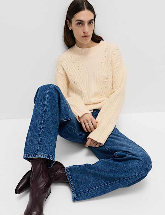 Cloud-Yarn Embellished Cable Knit Jumper