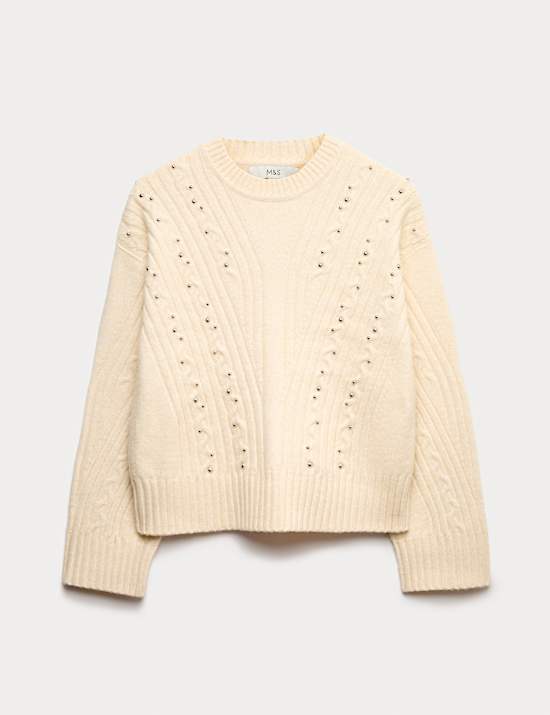 Cloud-Yarn Embellished Cable Knit Jumper
