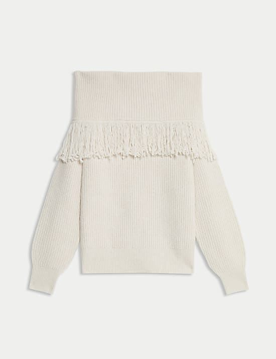 Trui met blote schouder, franjes en structuur