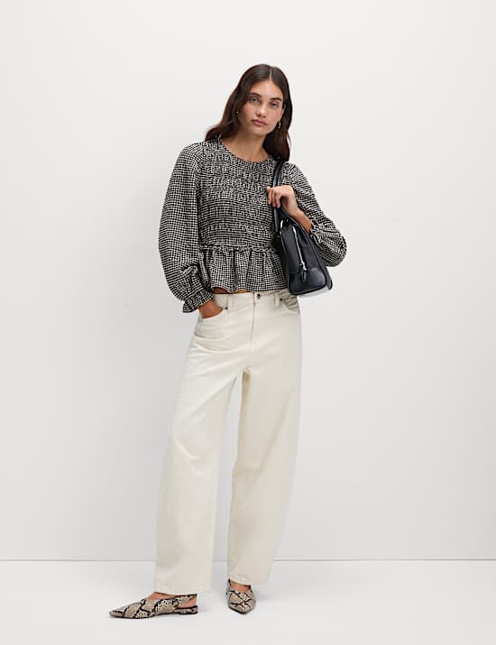 Crew Neck Shirred Checked Blouse