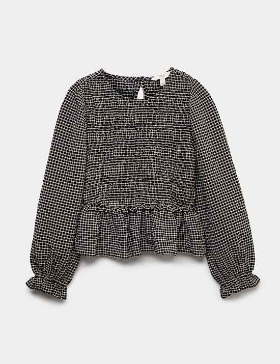 Crew Neck Shirred Checked Blouse