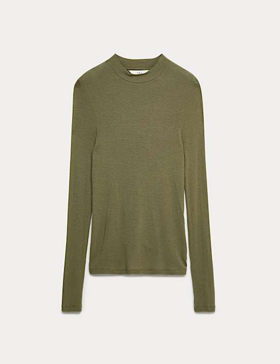 Atasan Lengan Panjang Leher Tinggi Jersey Elastis