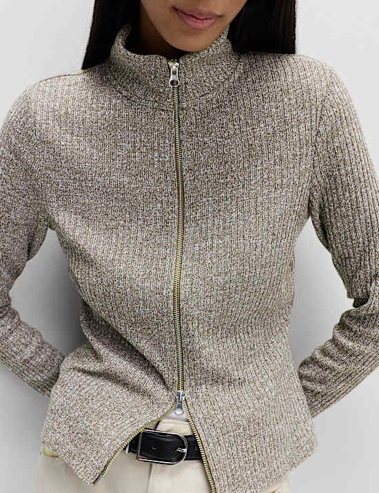 Ribbed High Neck Slim Fit Zip Up Sweatshirt