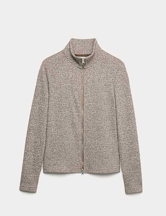 Ribbed High Neck Slim Fit Zip Up Sweatshirt