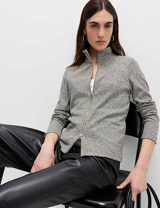 Ribbed High Neck Slim Fit Zip Up Sweatshirt