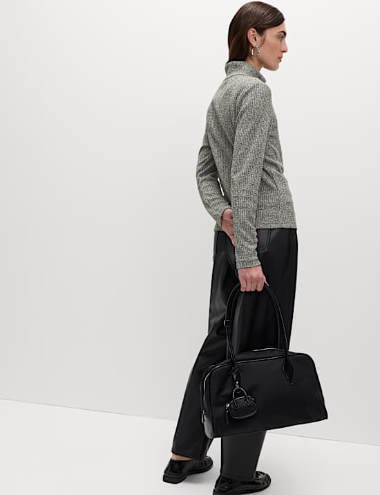 Ribbed High Neck Slim Fit Zip Up Sweatshirt