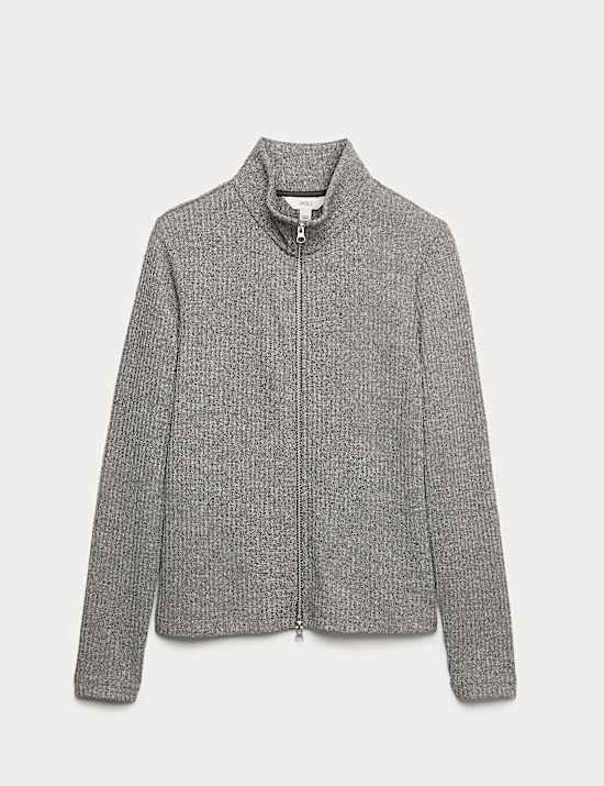 Ribbed High Neck Slim Fit Zip Up Sweatshirt