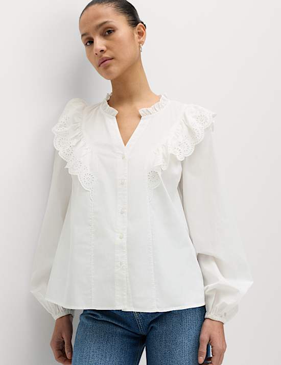 Pure Cotton Broderie Long Sleeve Blouse