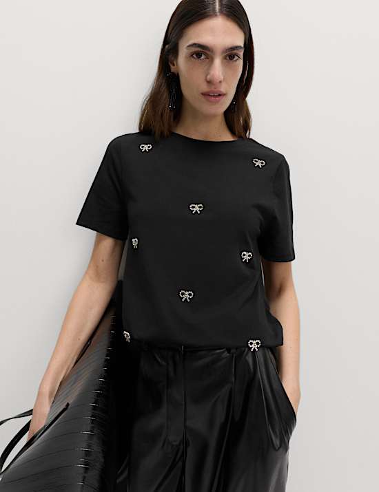 Pure Cotton Embellished Bow Top