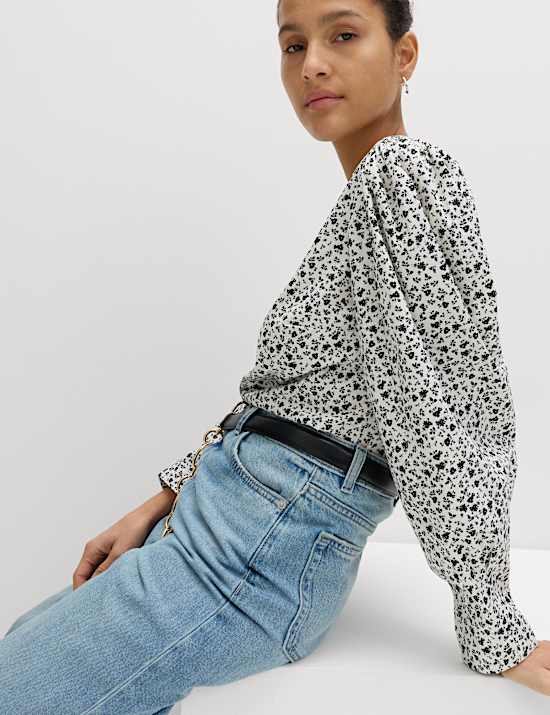 Blouse 100 % coton imprim&eacute; &agrave; fermeture boutonn&eacute;e