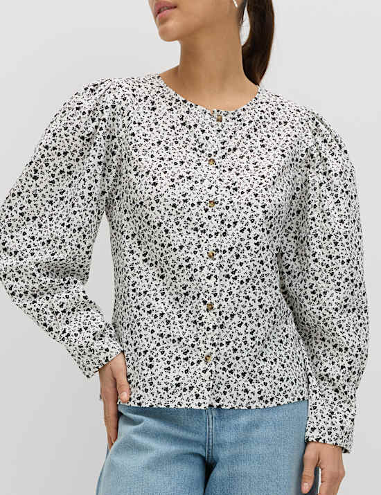 Blouse 100 % coton imprim&eacute; &agrave; fermeture boutonn&eacute;e