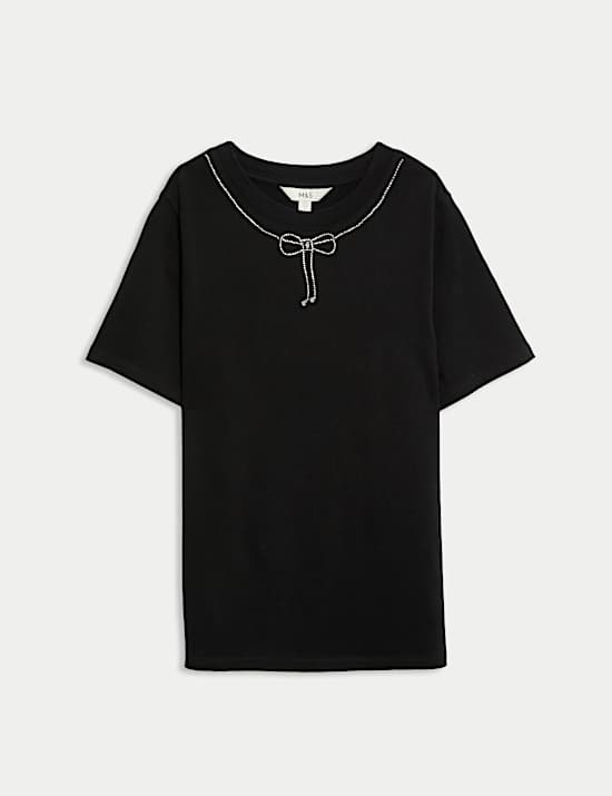 Pure Cotton Bow Embellished T-Shirt
